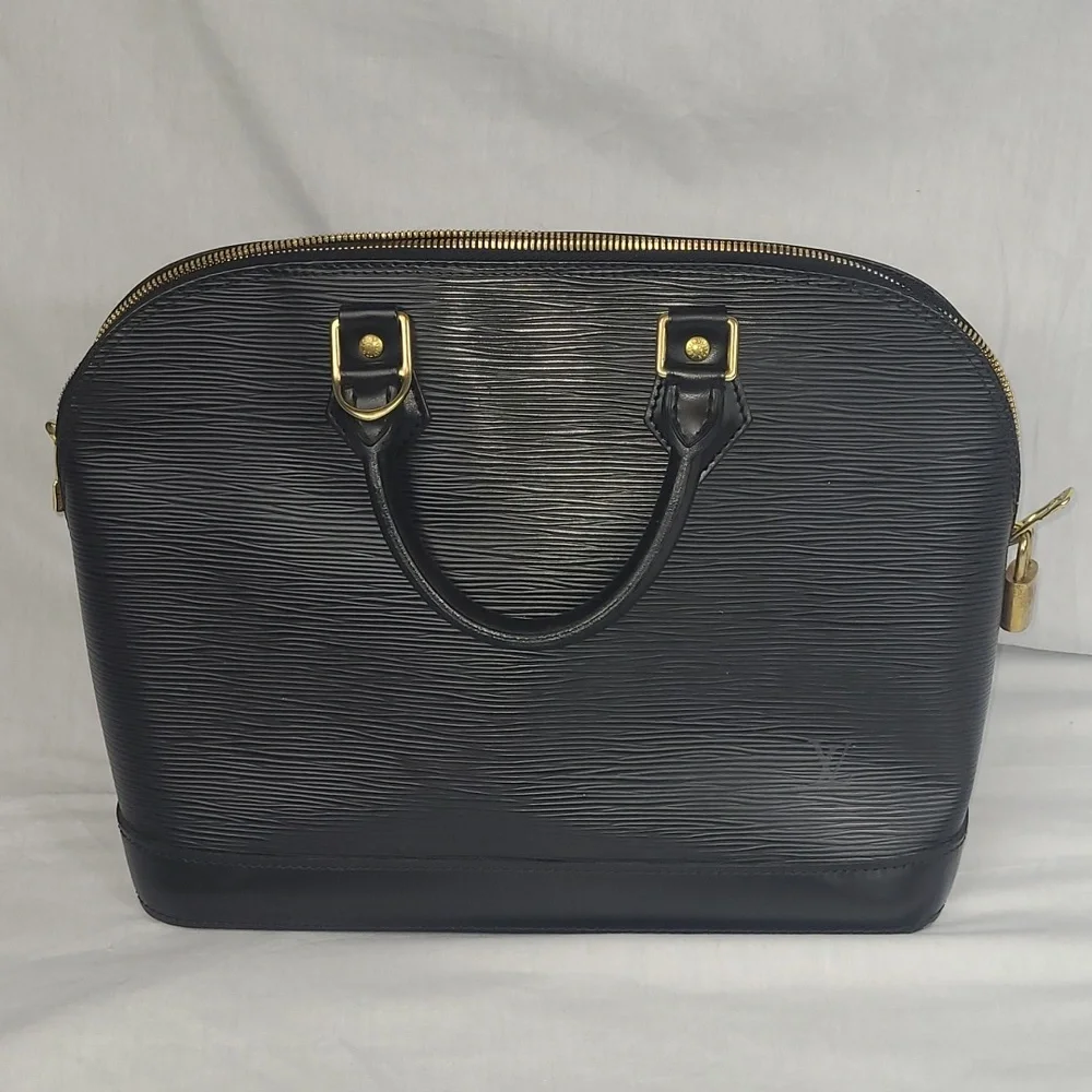 Louis Vuitton Alma Epi Noir BLACK Handbag Purse Leather With Cowhide Trim EUC